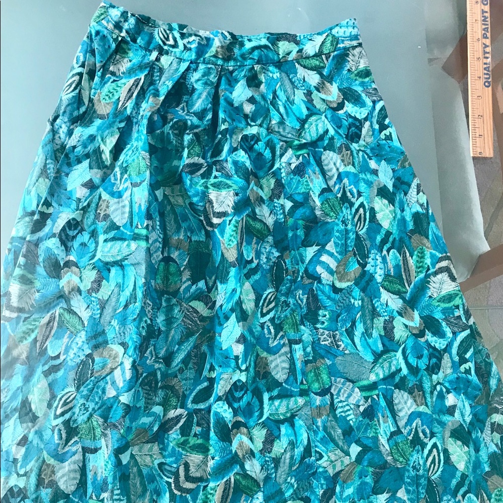 Vintage Turquoise Feathers Print Skirt S
